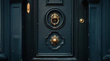 Mysterious black door with ornate gold handle, intricate design details