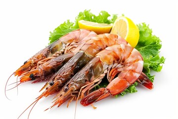 Tiger prawns with lettuce and lemon on a white background