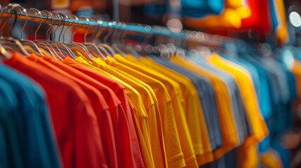 Fototapeta premium the variety of clothes hanging on the rack. The focus is on the different colors and textures of clothing. the topic of discussion is fashion, retail, or color combinations