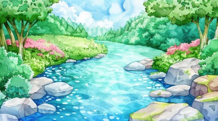 Watercolor Scene, Heavenly landscape with a serene, crystal-clear river flowing through a lush, green paradise