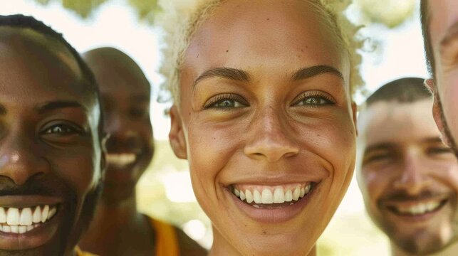 A diverse group of friends laughing and taking a selfie in a park, representing various ages, ethnicities, and styles. 