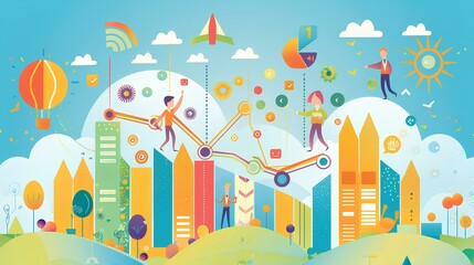  card graphic with business, infographic, design elements, and icons like team, cartoon, map