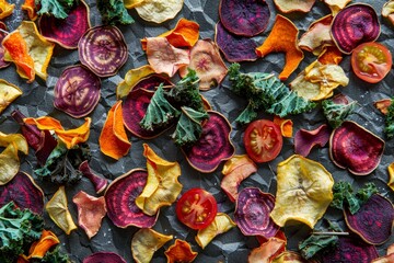 Top view of dried veggie chips made from various vegetables including beets carrots zucchini kale and tomatoes