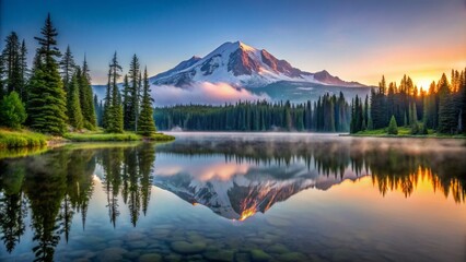 Serene predawn landscape featuring majestic Mount Rainier mirrored perfectly in still waters of Reflection Lake amidst misty alpine surroundings.