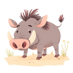 Fototapeta premium Cute cartoon warthog standing in a desert with sparse grass. The illustration is colorful and captures the playful essence of the animal.