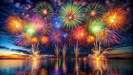 Vibrant multicolored fireworks burst above the dark ocean, illuminating the night sky with a kaleidoscope of colors and reflections.