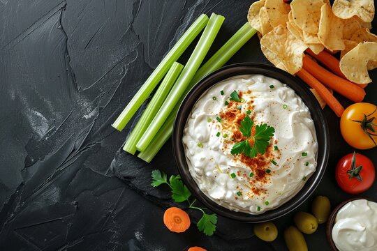 Top view of homemade caramelized onion dip with potato chips celery pepper and carrot on black surface Flat lay with space for text