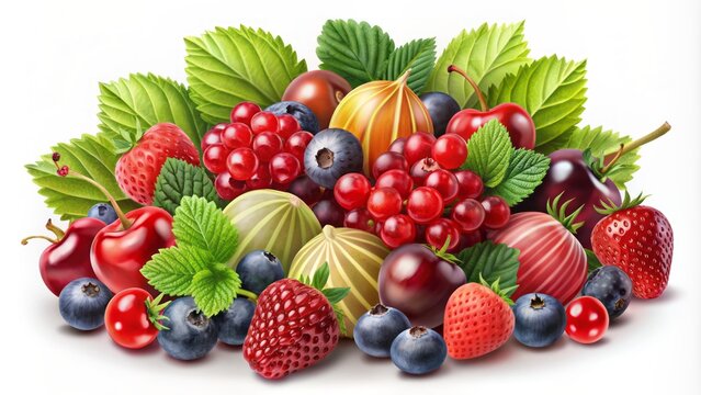 Assorted colorful berries - blackcurrant, cranberry, gooseberry, strawberry - isolated on transparent background, perfect for artwork design templates.