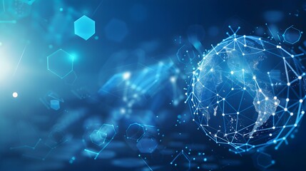 Interconnected Digital Globe Surrounded by Glowing Hexagons and Dots on Blue Background