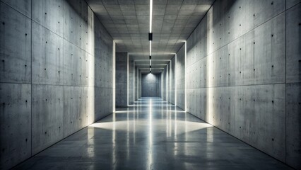 isolated eerie ambiance in modern abstract concrete white wall corridor background with dark shadows and stark minimalist architecture details.