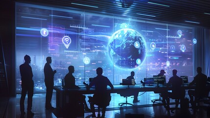 Dynamic Digital Art of Futuristic Business Team Collaborating in High-Tech Office Environment