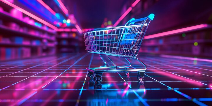 Hand drawn minimalist shopping cart in a digital grid, vibrant futuristic colors, artistic cyber concept