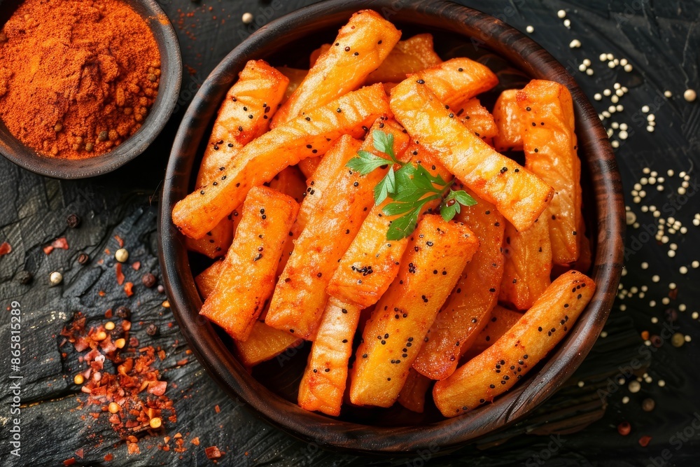 Poster top view of popular spicy masala tapioca chips with indian tea a delicious snack food enjoyed in ker