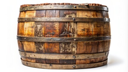 Fototapeta premium Weathered, rusty, old, oak, wooden, barrel, isolated, on, pure, white, background, with, visible, grains, cracks, and, decay, signs.
