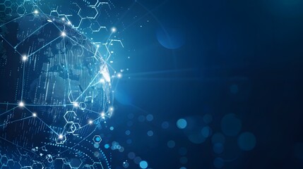 Digitally Connected Global Network of Elegant Hexagonal Patterns and Glowing Dots on Blue Background