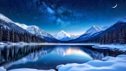 view of lakes, mountains and forests in winter at night with a crescent moon