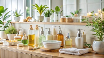 A clean and tidy bathroom counter with various skincare products including moisturizing cream, organic oil, and cleaning lotion on display.