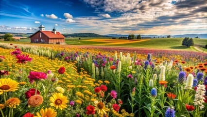 Obraz premium Vibrant wildflowers bloom alongside lush crops in a thriving agricultural landscape, showcasing nature-inclusive farming practices with ample copy space.