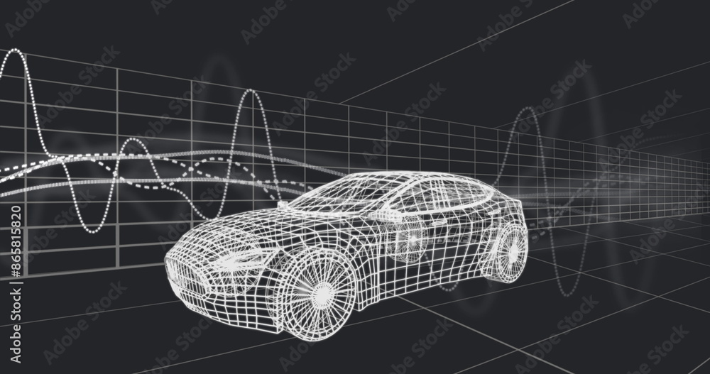 Poster image of graphs over 3d car model moving seamless pattern in a tunnel on black background