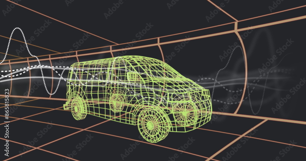 Poster image of graphs over 3d van model moving seamless pattern in a tunnel on black background