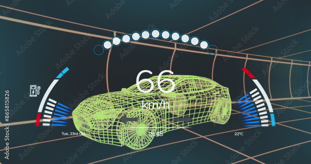 Poster image of speedometer over 3d car model moving seamless pattern in a tunnel on black background