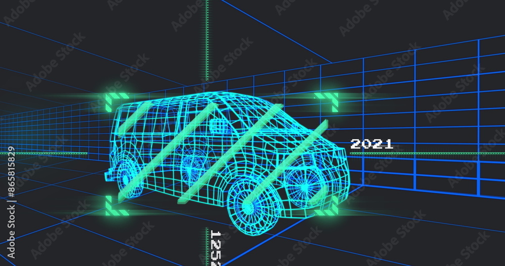 Aufkleber image of green scanner over 3d van model moving seamless pattern in a tunnel on black background