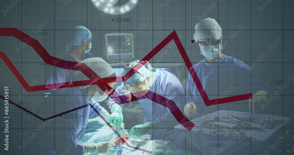 Poster image of statistical data processing over team of surgeons performing operation at hospital