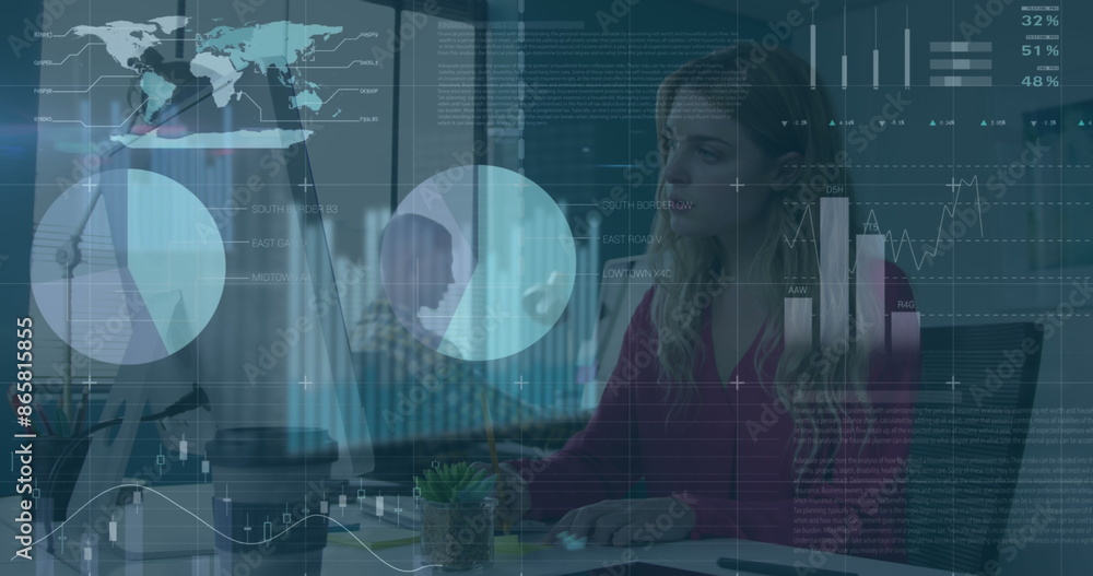 Poster image of statistical data processing against caucasian woman using computer at office