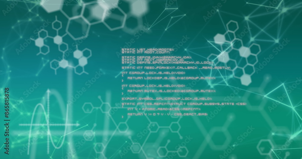 Poster image of connected dots forming geometric shapes, mathematical drawings and computer language