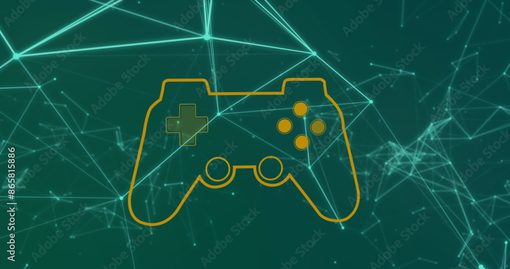 Poster image of game controller over connected dots forming geometric shape against blue background