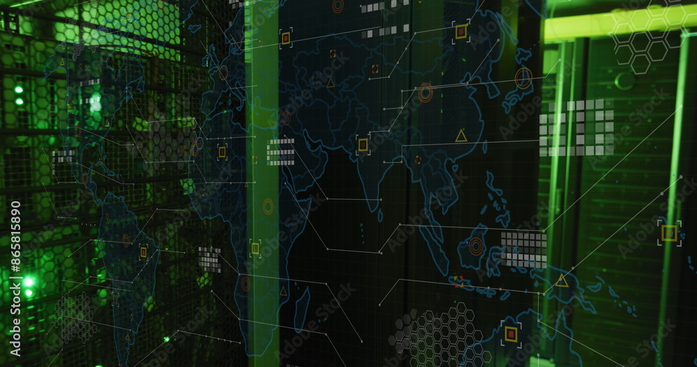 Poster image of world map and data processing over computer servers