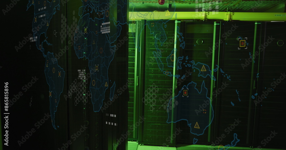 Poster image of world map and data processing over computer servers