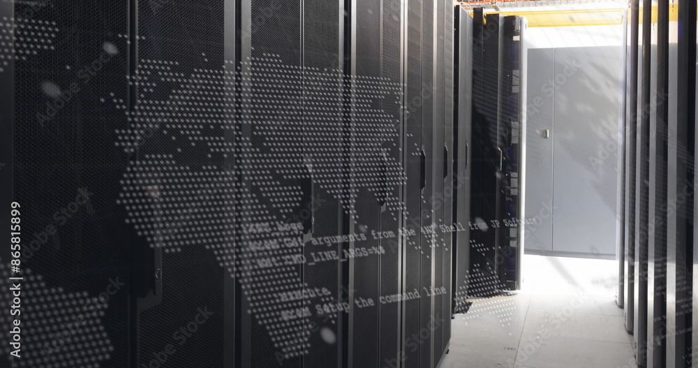 Poster image of data processing over world map against computer server room