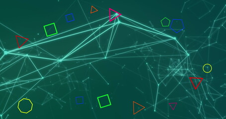 Image of geometric shapes over connected dots forming triangles against blue background