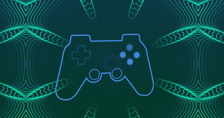 Image of game controller over abstract patterns against blue background
