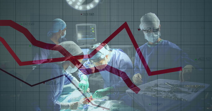 Image of statistical data processing over team of surgeons performing operation at hospital