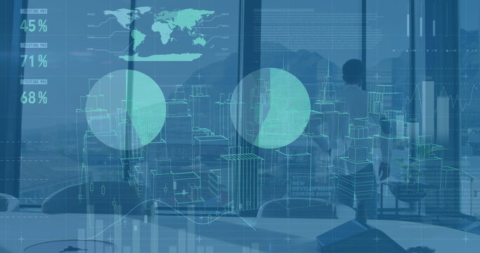 Image of data processing and 3d city model against rear view of man looking out of office window