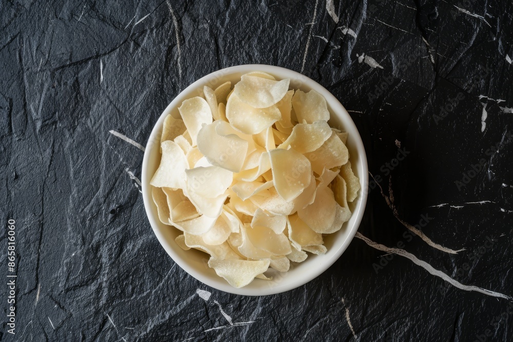 Sticker top view photo of cassava chips in small white bowl on black background