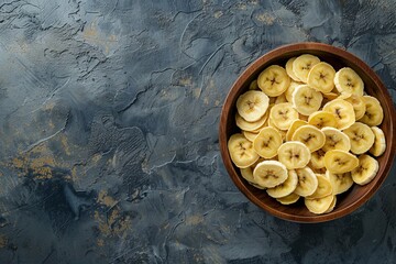 Top view of wooden bowl with banana slices on table with space for text Dried fruit as a nutritious snack
