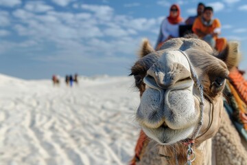 Obraz premium Tourists on camel with guide in white salt desert of Dhordo village India in closeup shot