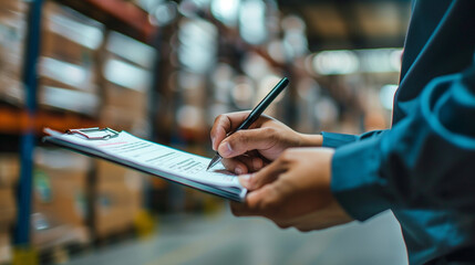 worker hand writing job list on clipboard, carton package warehouse background, Ai generated Images