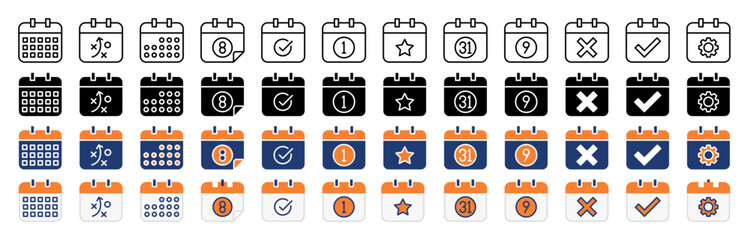 Calendar vector icons set. Set of calendar symbols in many styles.