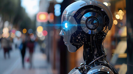 Fototapeta premium A humanoid robot with glowing blue eyes stands on the street, close-up profile of its head and shoulders against the background of an evening cityscape,