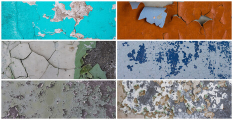 Set of peeling paint textures. Old concrete walls with cracked flaking paint. Weathered rough painted surfaces with patterns of cracks and peeling. Collection of panoramic backgrounds for design.