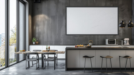 Modern Kitchen Design with Concrete Grey Theme and Large Wall Frame Mockup, dining place, barstools, copy space concept