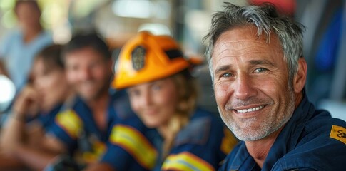 fireman rescuer firefighter education training, mature male officer in blue uniform sitting in classroom, utility worker, emergency service technician personnel learning concept
