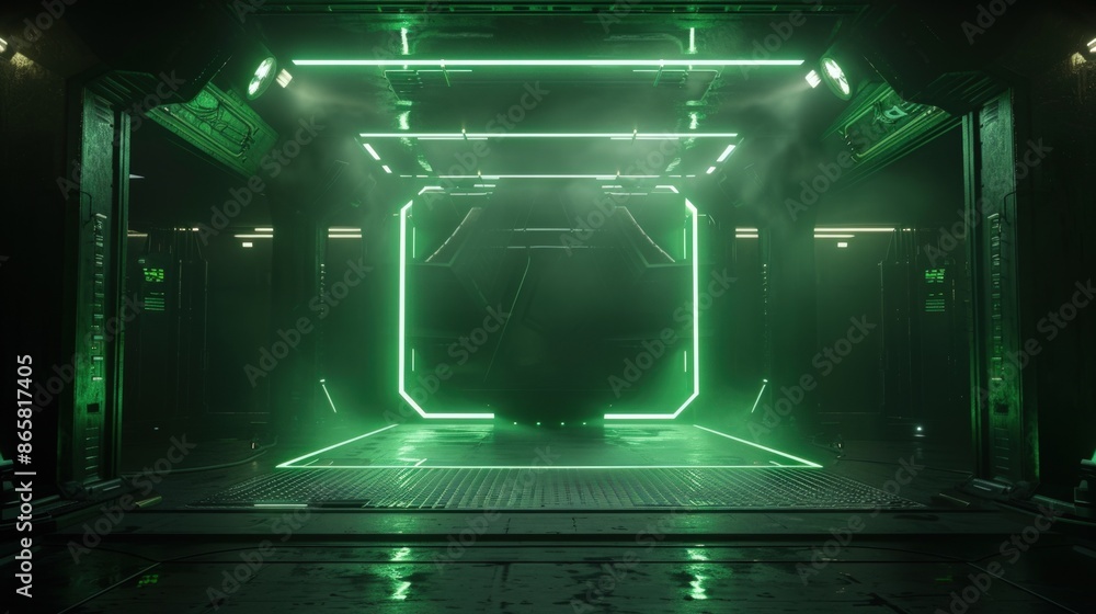 Poster a green room with a large screen in the middle. generate ai image
