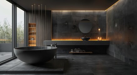 Modern dark bathroom with a black stone wall, wooden elements, floating sink, large mirror, and decorative lighting. Cozy minimalist interior with a bathtub, dark windows, and panoramic window for nat