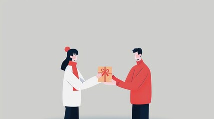 Joyful Exchange: Minimalist 2D Flat Illustration of Couple Giving and Receiving Gifts, Celebrating Connection and Happiness