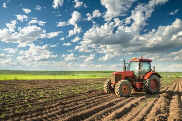 Fototapeta premium Tractor in field with cloudy sky